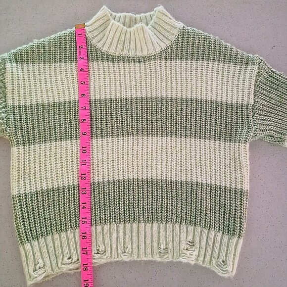 Sage & Cream Chunky Striped Knit Sweater – Mock Neck, Distressed Hem (Size M) - Picture 8 of 14